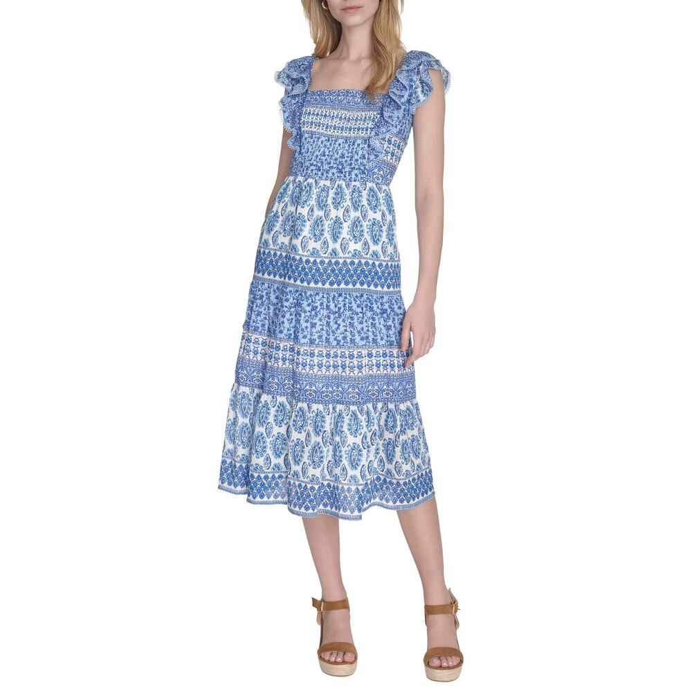 Eliza J Blue Ruffle Sleeve Midi Dress Pockets Plus Size 16W Summer Beach